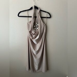 Vintage 90s Boston Proper Beige Halter Cowl Top Beaded Pearl Chain Dress S